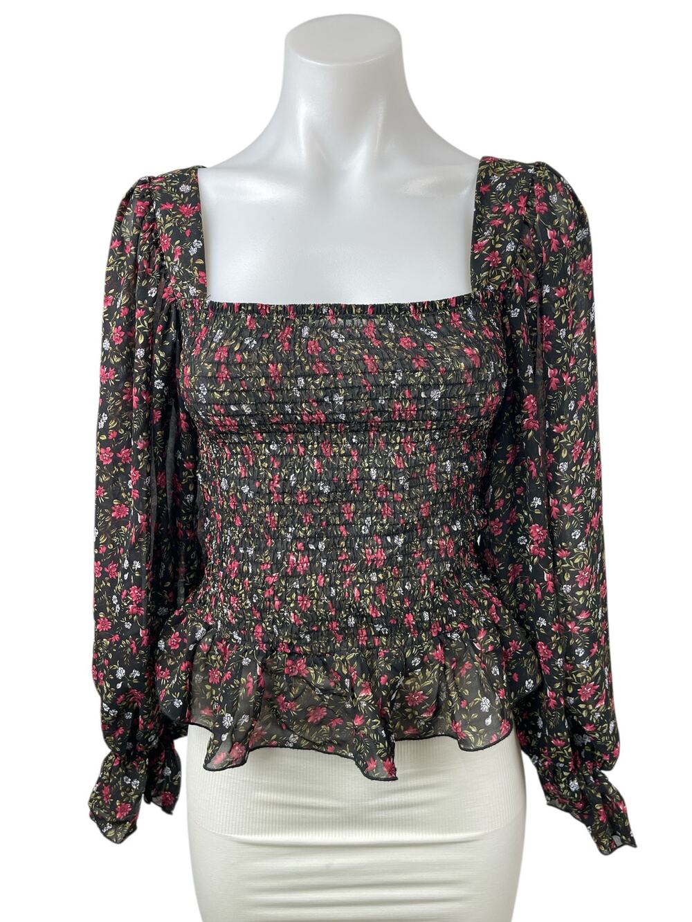 Code X Mode Women's Black Floral Smocked Square Neck Long Sleeve Blouse Top S